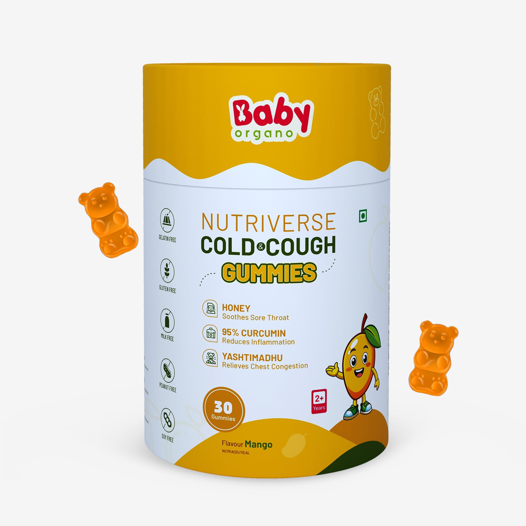 - Babyorgano Nutriverse Cough & Cold Relief Gummies For Kids (2-15 Yrs) |30 Gummies |Relieve Dry Cough, Throat Irritation|Non-Drowsy, Ayurveda Inspired Formula, No Gelatin, Gluten, Dairy|Mango Flavor