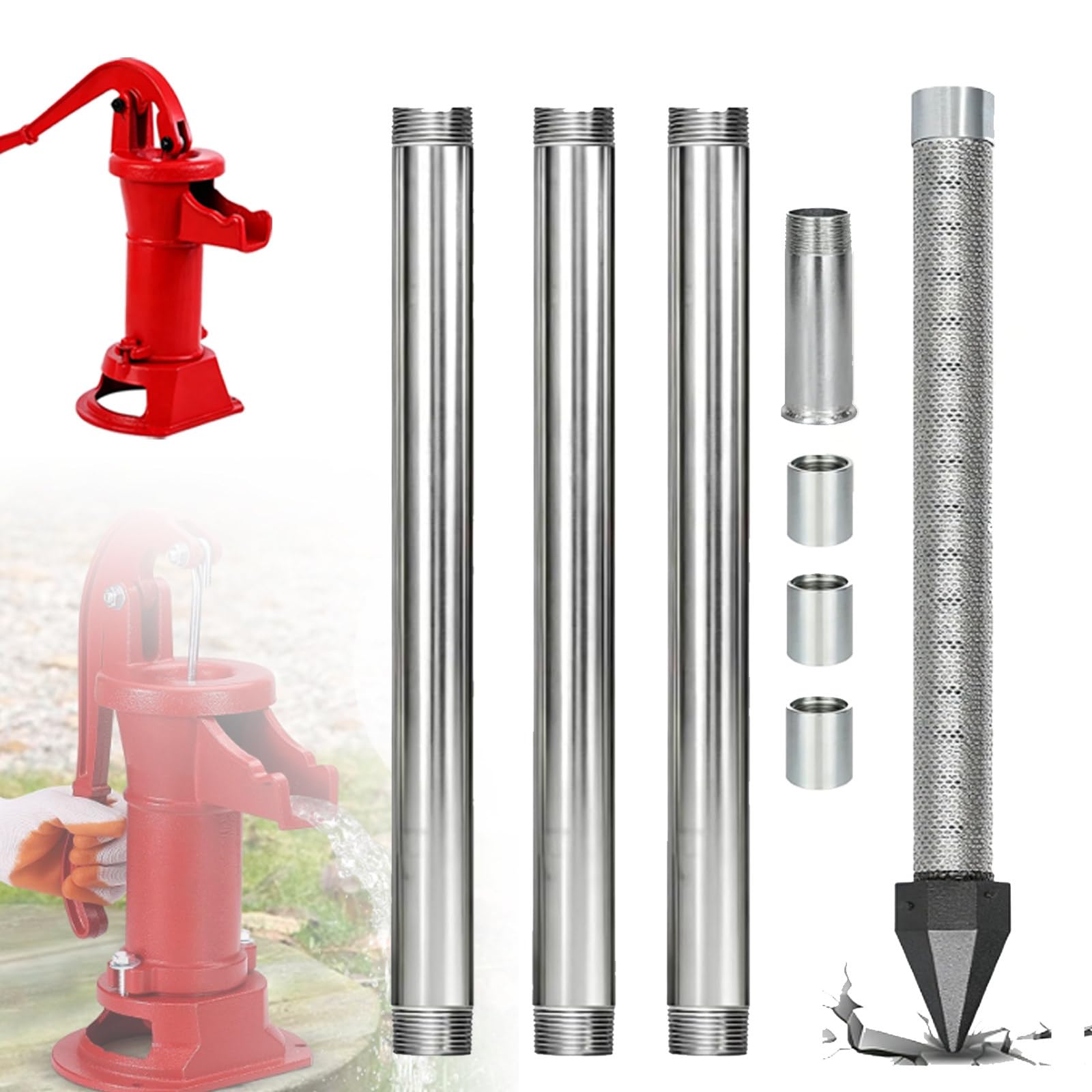 ZyKnaurral Emergency Water Supply: Drive Point Well Kit for Garden, Stainless Steel Filter Screen, 1-1/4" NPT, Manual Drilling Kit for Self-Sufficiency and Watering During Droughts 4M-WithWaterPump