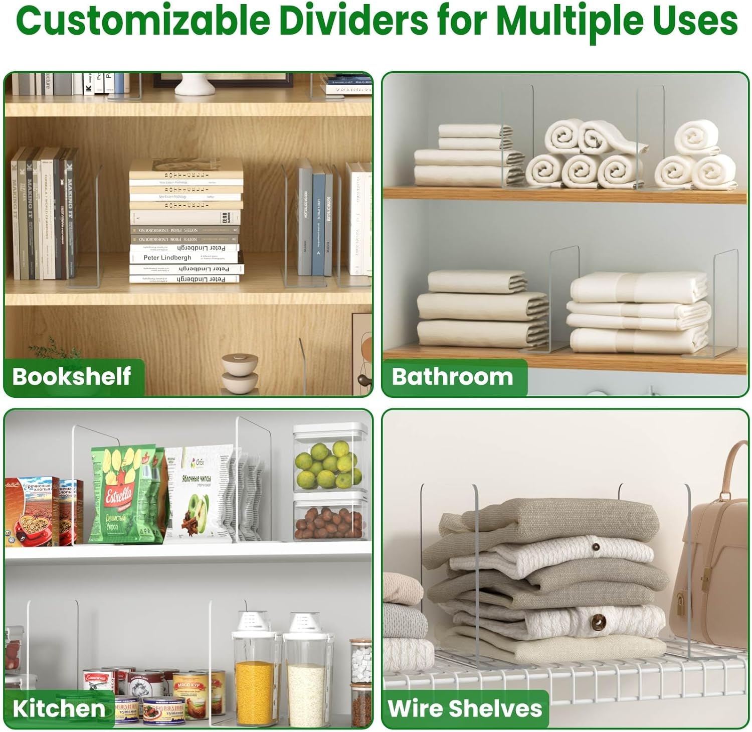 Shelf Dividers for Closet Organization - 8 Pack 10" Tall X 8.4" Deep Acrylic Adhesive Separators, 30s Tool-Free Install, Clear Vertical Closet Dividers for Clothes, Handbags & Towels
