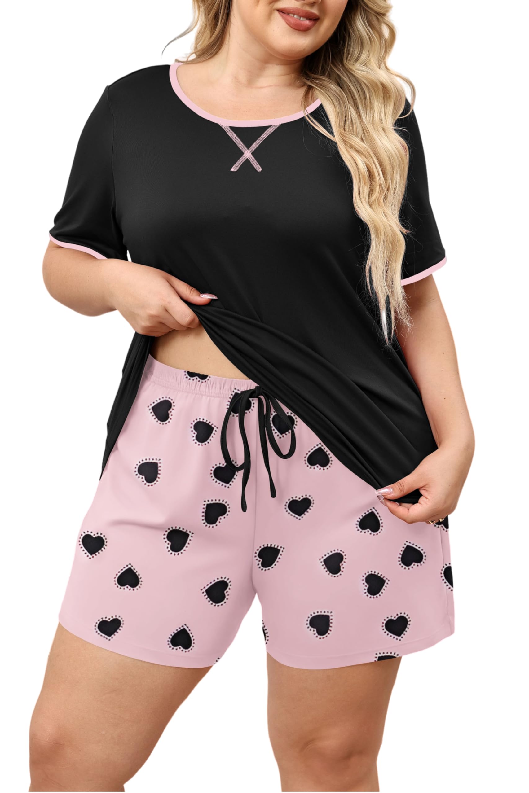 Women Plus Size Pajama Set 2 Piece Casual Short Sleeve Top and Shorts Sleepwear Soft Pjs Lounge Set with Pockets