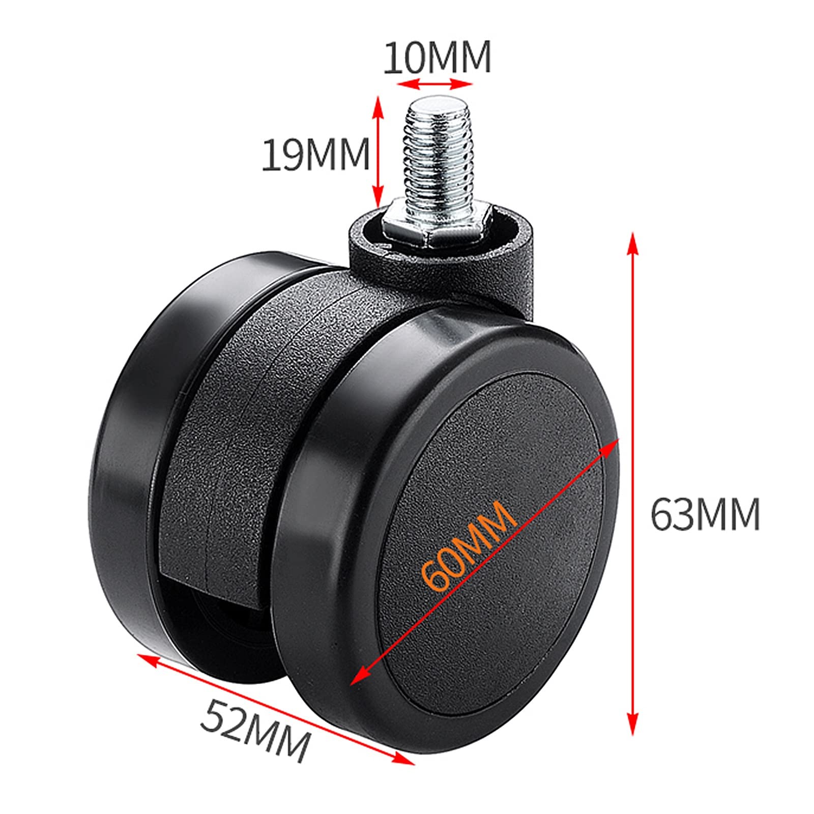 PU Zamienny koła jezdne do Biuro Krzesło Skrętny Krzesło Podłoga Chronić 60mm Biuro Krzesło koło jezdne Trzpień Rozmiar 11mm*24mm trzpień gwintowany 10mm*19mm Zestaw 5 (Kolor : Czarny Rozmiar : Gwin