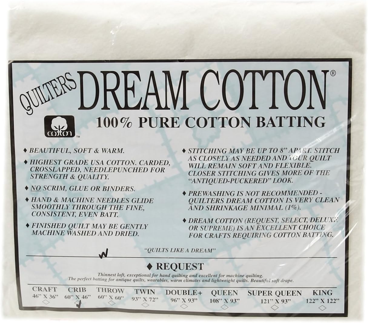 Quilter's Dream Cotton White Request Batting (46" x 60") Crib