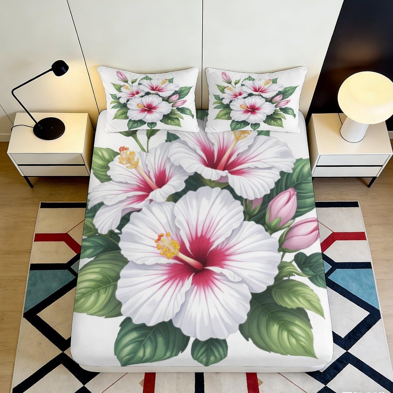 3D Printed Hibiscus Blossom Fitted Sheet Microfiber Soft Floral Mattress Cover Bedroom Decor Dustproof Washable 90x200x25cm