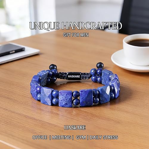 Miniatura 3 de HASKARE Mens Jewelry Beads Crystal Bracelet for Men, Energy Bead Bracelets Healing Stone Lapis Lazuli Bracelet, Real Blue Gemstone Protection