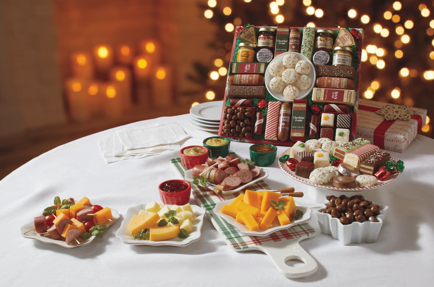 The Swiss Colony 27 Favorites and Dobosh Torte Christmas Gift Bundle - Assorted Cheeses, Candies, Chocolates, Summer Sausage Meats, and 13 Layer Chocolate Creme Torte