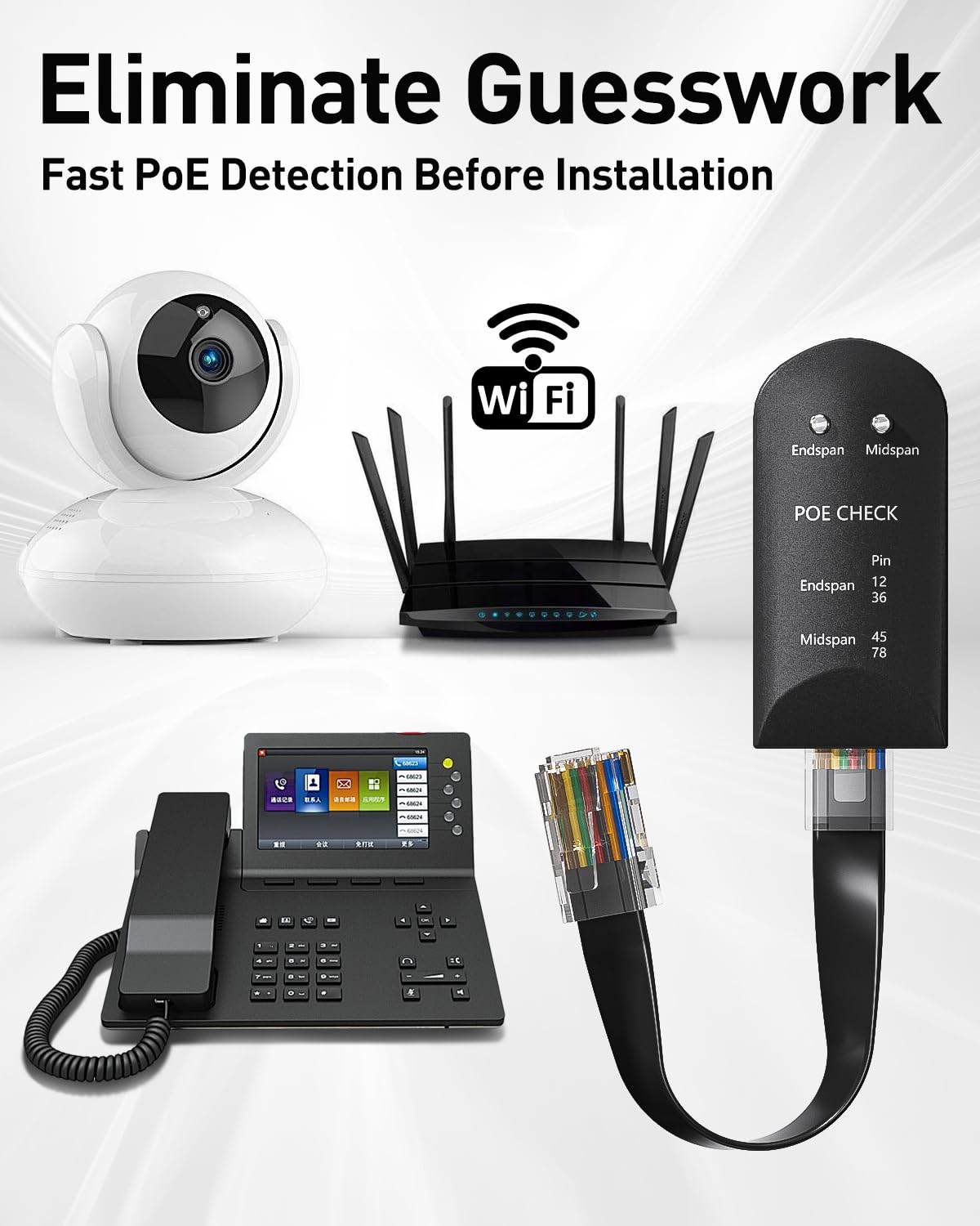 VCELINK PoE Tester con Cavo di Prova, Rilevatore di Stato Power Over Ethernet per il Rilevamento di Mid span o end span, PoE TEST-CE-EMC, Certificato RoHS 2.0, Nero, 1 pezzo
