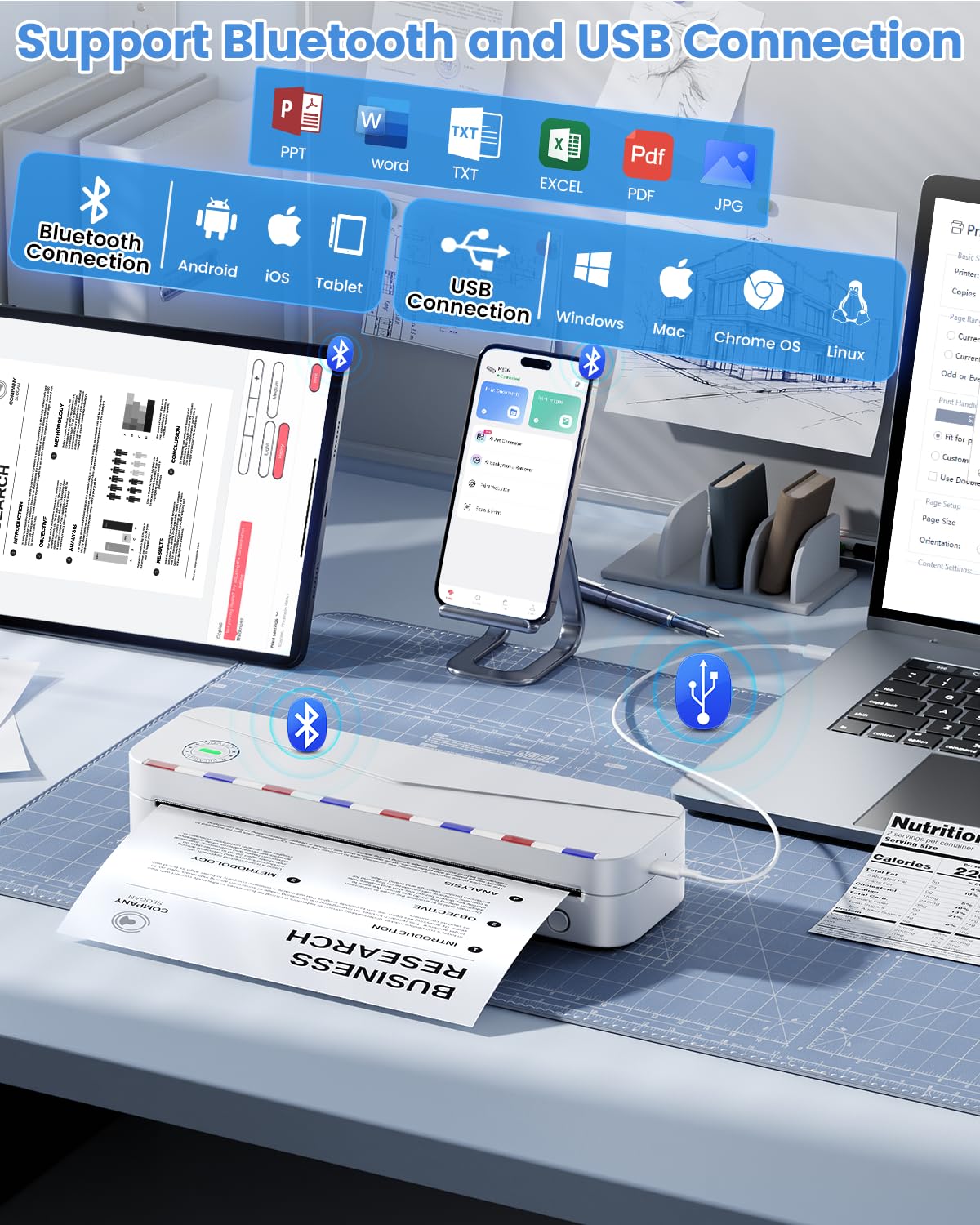 Phomemo M836 Impresora Termica A4, Impresora Sin Tinta Portatil, Conectividad Bluetooth y USB para Viajar, Trabajar y Estar en Casa