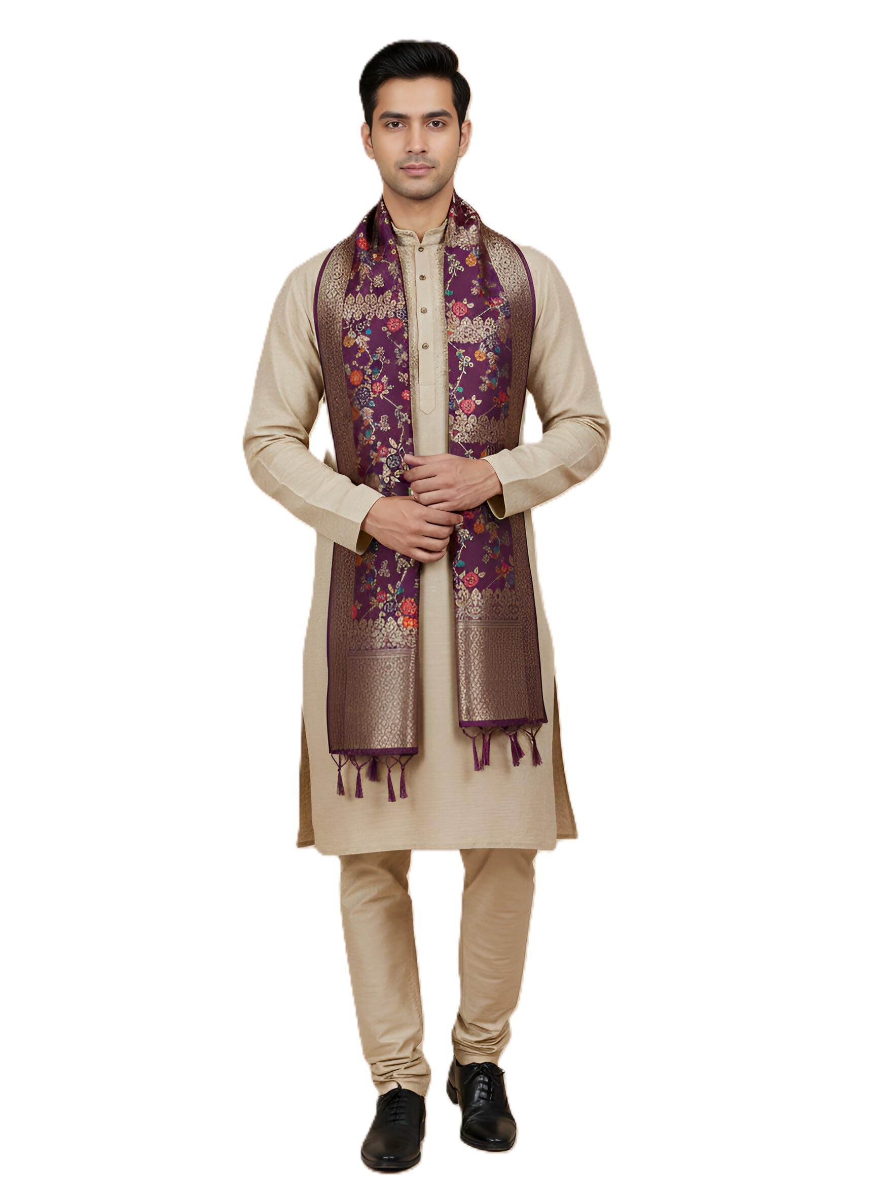 Kashmari Men’s Silk Dupatta | Premium Woven Floral Ethnic Stole with Rich Border | Dupatta for Kurta Sherwani | Designer Lightweight Men’s Dupatta (2.3 x 0.9 m)-image-14