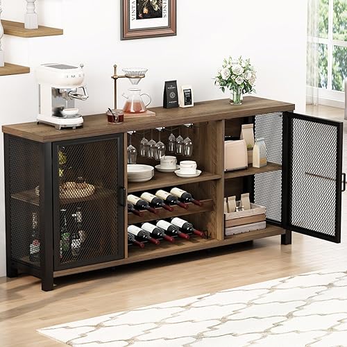 Miniatura 4 de Launica Gabinete de Bar de Vino, Gabinete Industrial de Bar de Café, Gabinetes de Bar de Licores Estilo Granja para Licores y Vasos, Gabinete Roble