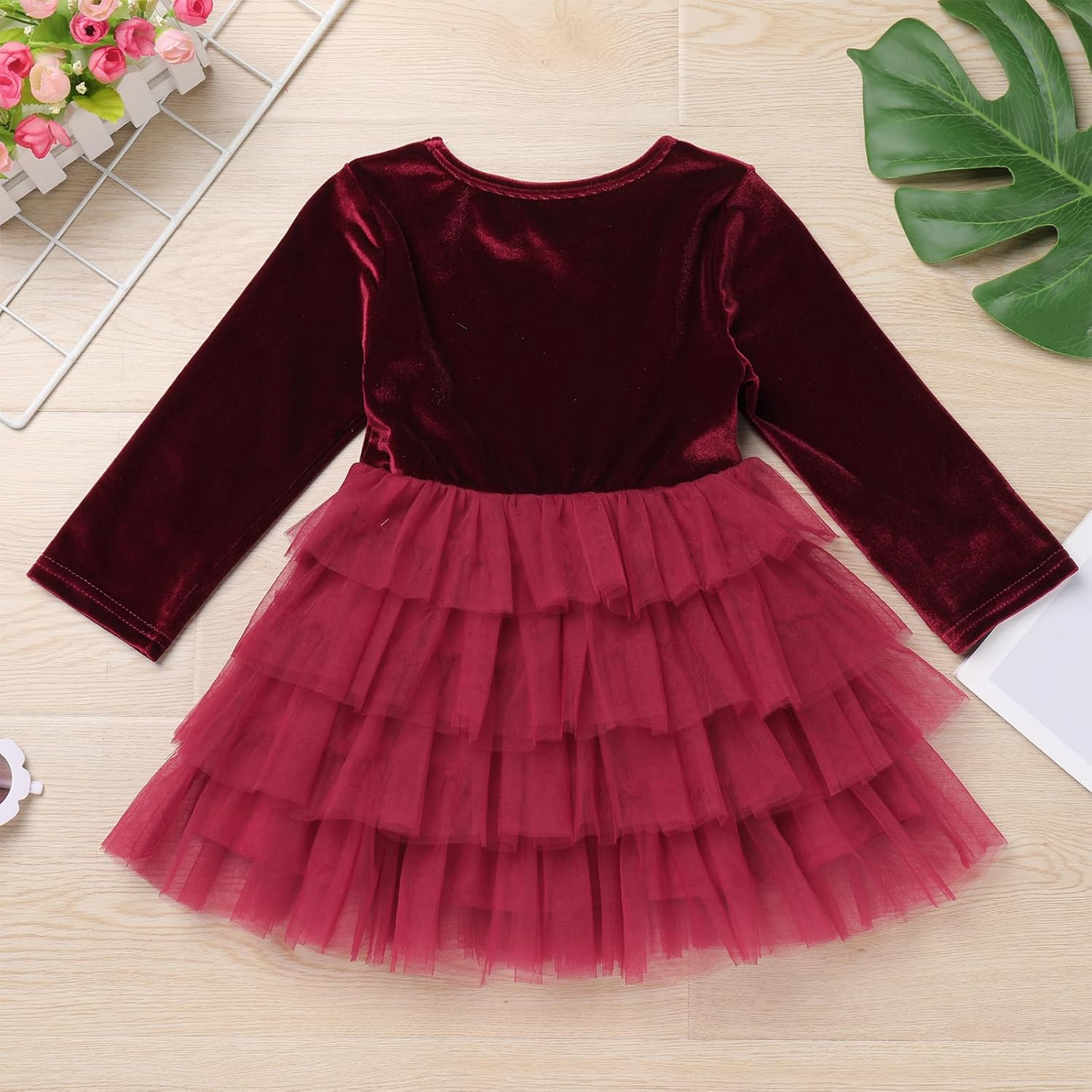 Kids Girls Fall Winter Long Sleeve Velvet Tiered Tulle Tutu Dress Wedding Flower Girl Dress - Image 6