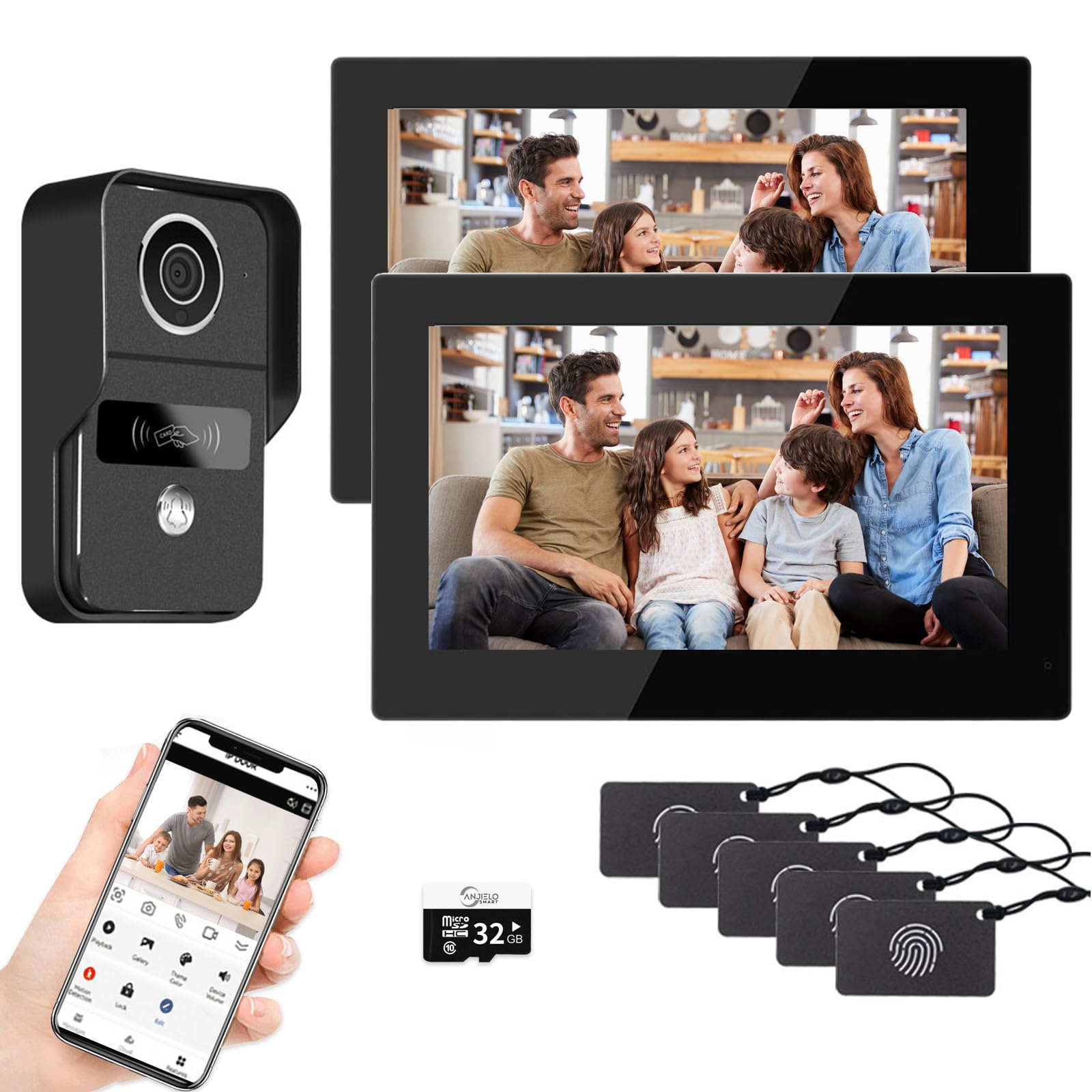 Sistema videocitofonico a 2 fili dell'appartamento 1080P Camera 7 pollici Touch Monitor, kit videocitofono WiFi per la casa, rilevamento del movimento (1 nero Campanello + 2 nero Monitor)