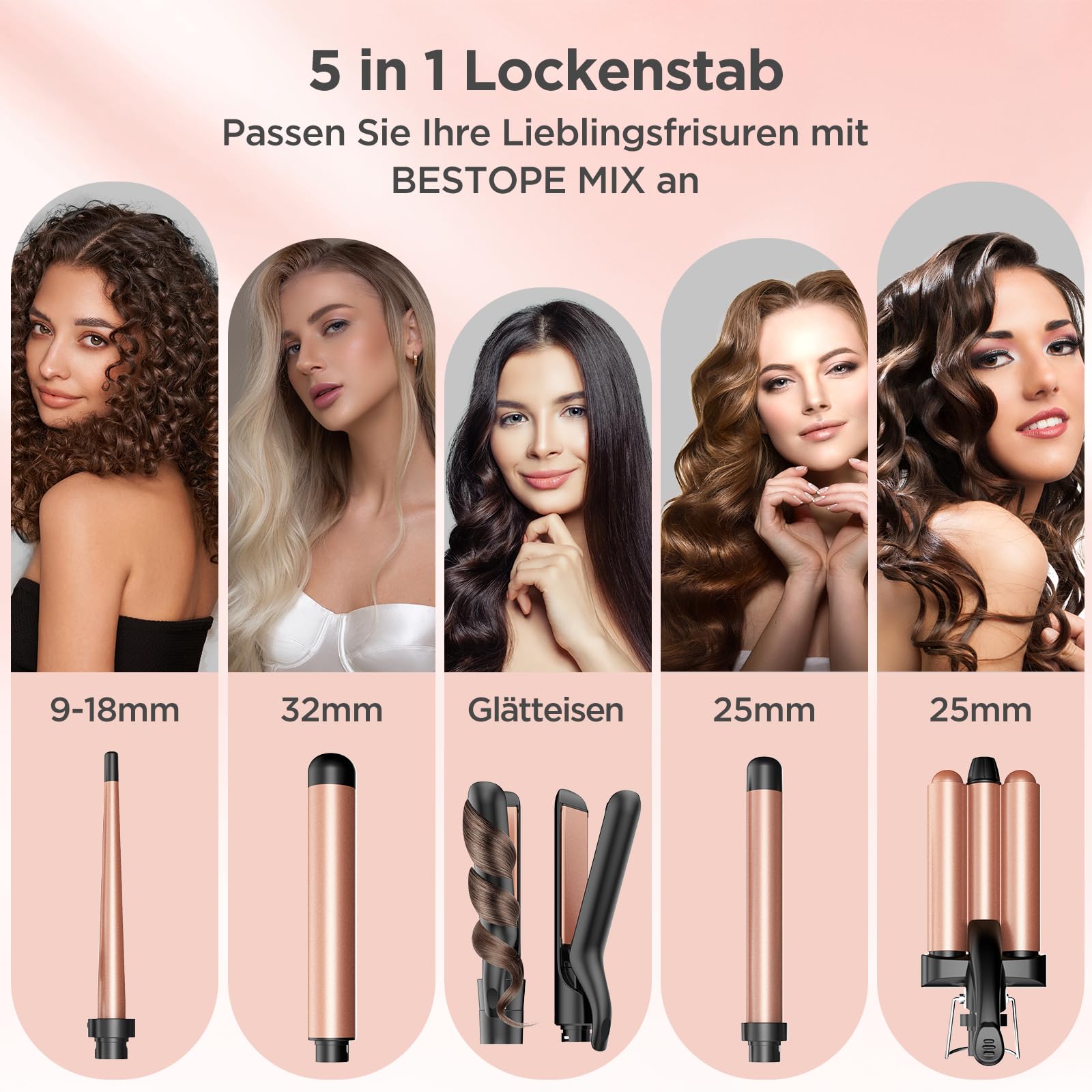 BESTOPE MIX Fer à Boucler Fer à Lisser, Fer à Boucler, 3 Feuilles, Fer Ondulé Céramique Antistatique pour Cheveux, Température Réglable de 150 à 210℃, Chauffage Rapide, Or Rose
