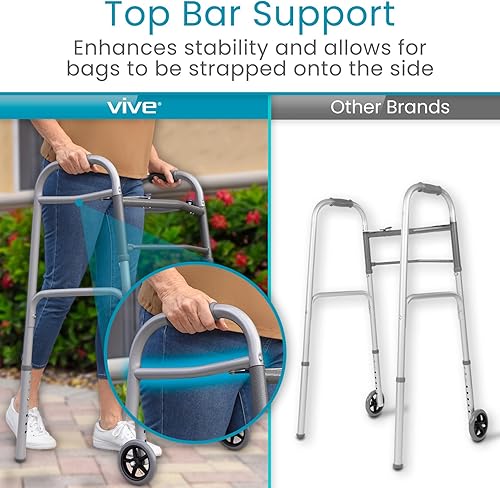 Miniatura 6 de Vive - Andador plegable para personas mayores, marco plegable de acero resistente para adultos, andador estándar con ruedas delanteras de 5 pulgadas