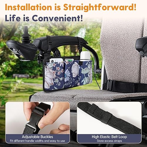 Miniatura 3 de Rhino Valley Bolsa lateral para silla de ruedas, bolsa para silla de ruedas con múltiples bolsillos con soporte para tazas, accesorios para