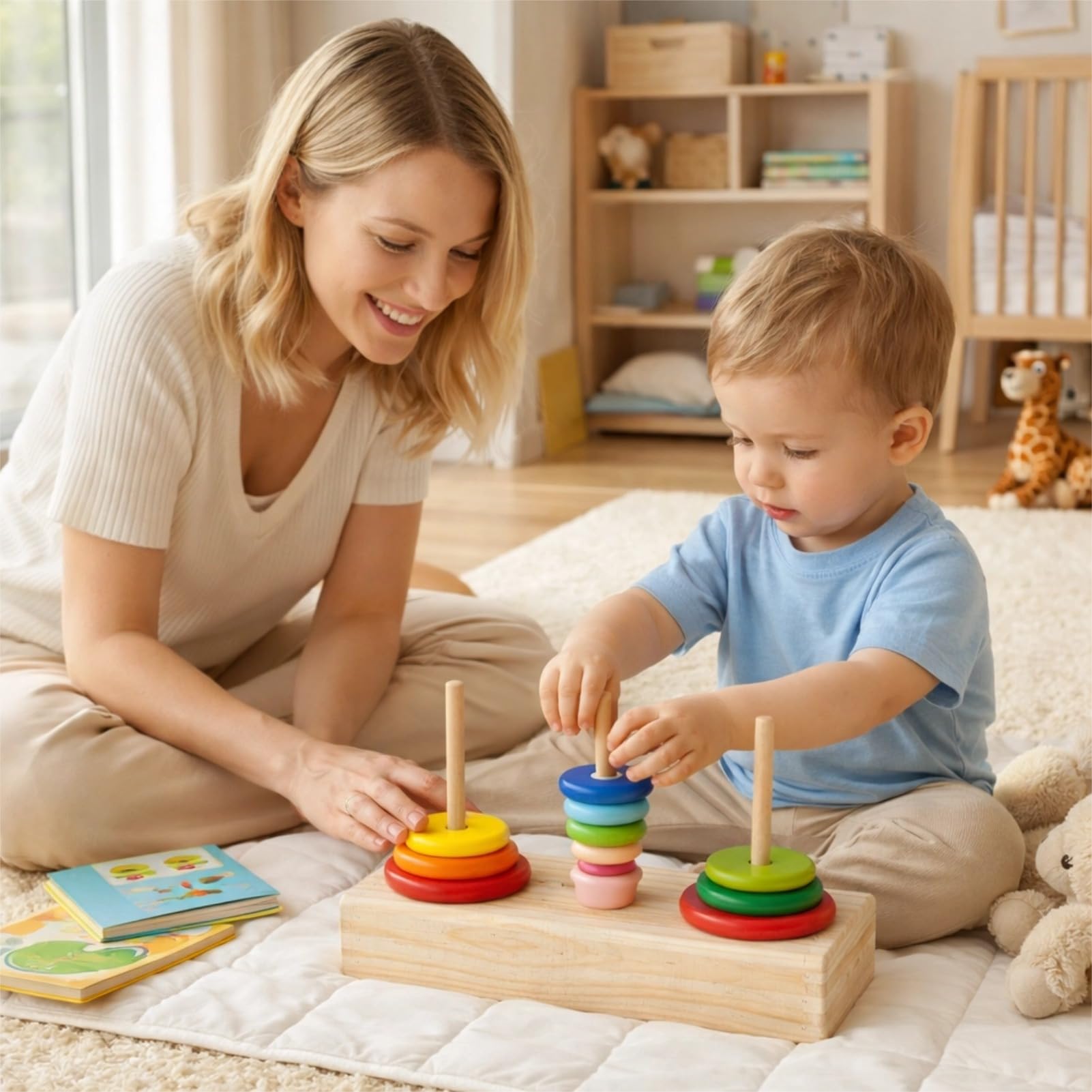 Logica Puzzles Art, Tour de Hanoï 10 Anneaux Puzzle Jouet Logique en Bois avec Boîte de Rangement pour Enfants de 5 Ans et Plus(Tour de Hanoï dans Une Grande boîte)