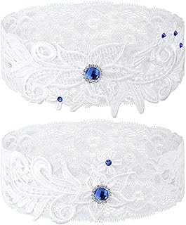 2 Pieces Wedding Garters for Bride Lace Leg Garter Belt with Blue Rhinestone for Wedding Party