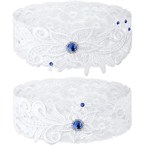 Syhood 2 Pieces Wedding Garters for Bride Lace Leg Garter Belt with Blue Rhinestone for Wedding Party