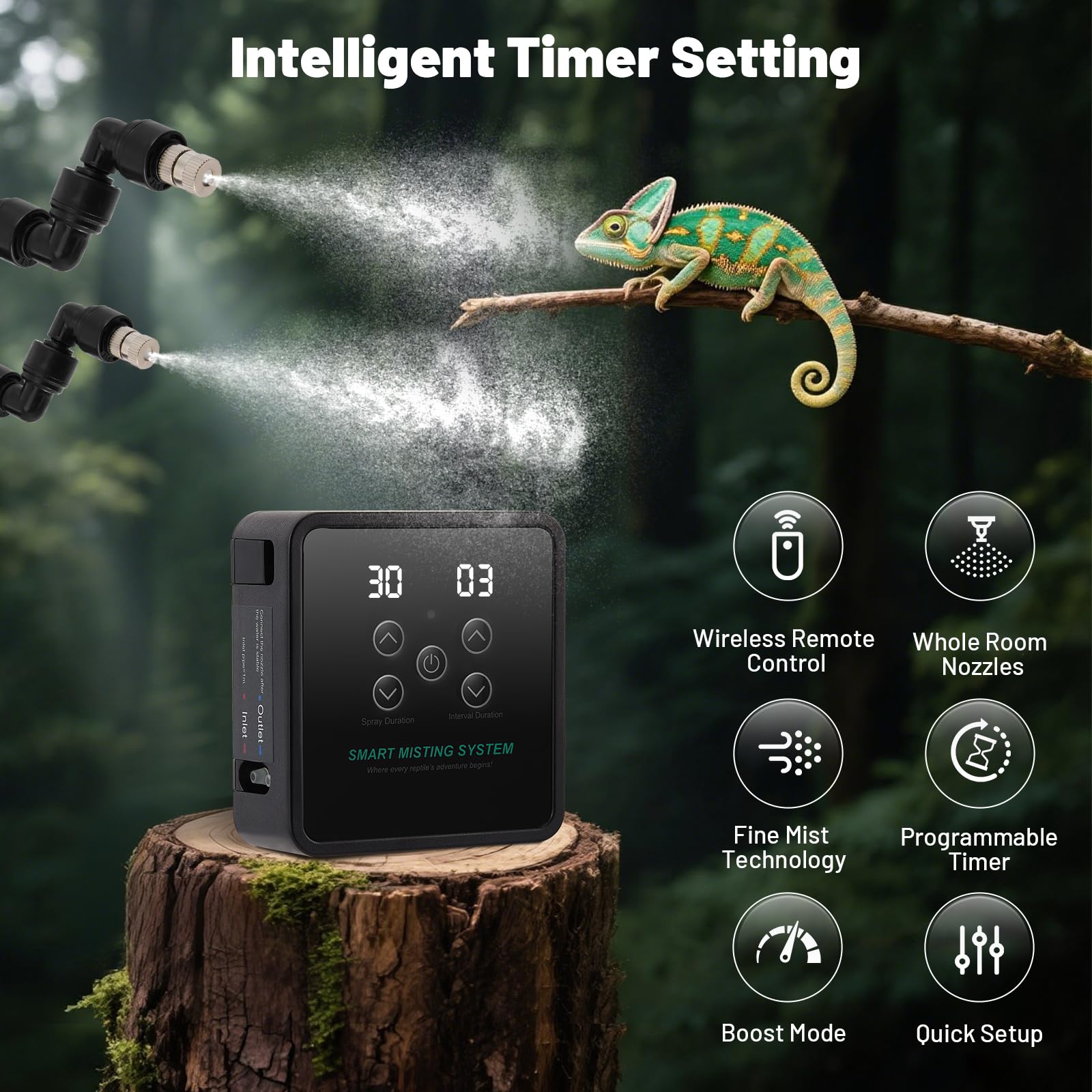 Beregnungsanlage Terrarium, Intelligentes Luftbefeuchter Terrarium mit Fernbedienung, Timer und Sprühdüsen 360 ° Verstellbare, Vernebler Terrarium für Amphibien Reptilien Pflanzen, Schwarz