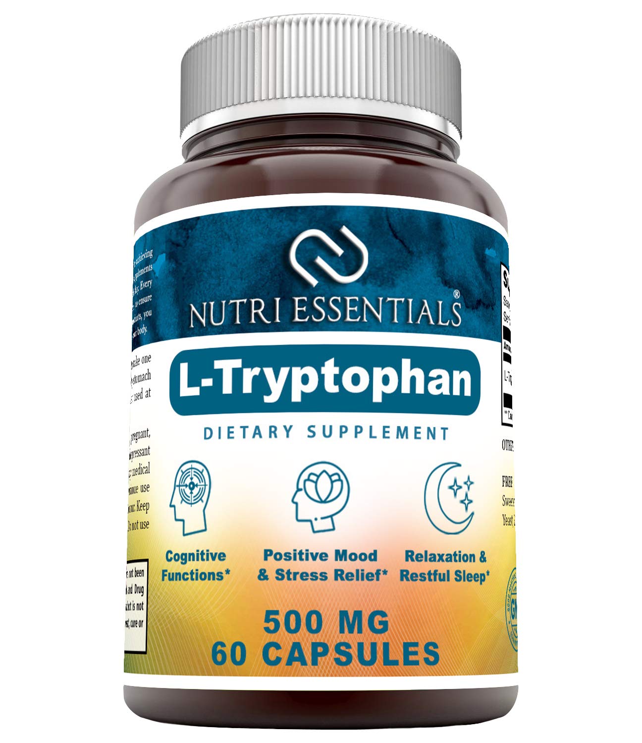 L-Tryptophan Dietary Supplement 500 mg 60 Capsules (Non-GMO) - Natural Sleep Aid Supplements with 500 mg of Free Form L Tryptophan - Circulation & Immune Support*