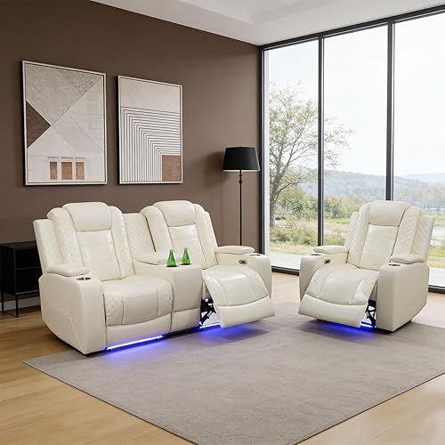 Miniatura 16 de Juego de sofá reclinable eléctrico para sala de estar, juego de sofá reclinable de cuero con luces LED, puertos USB, almacenamiento oculto, juego de