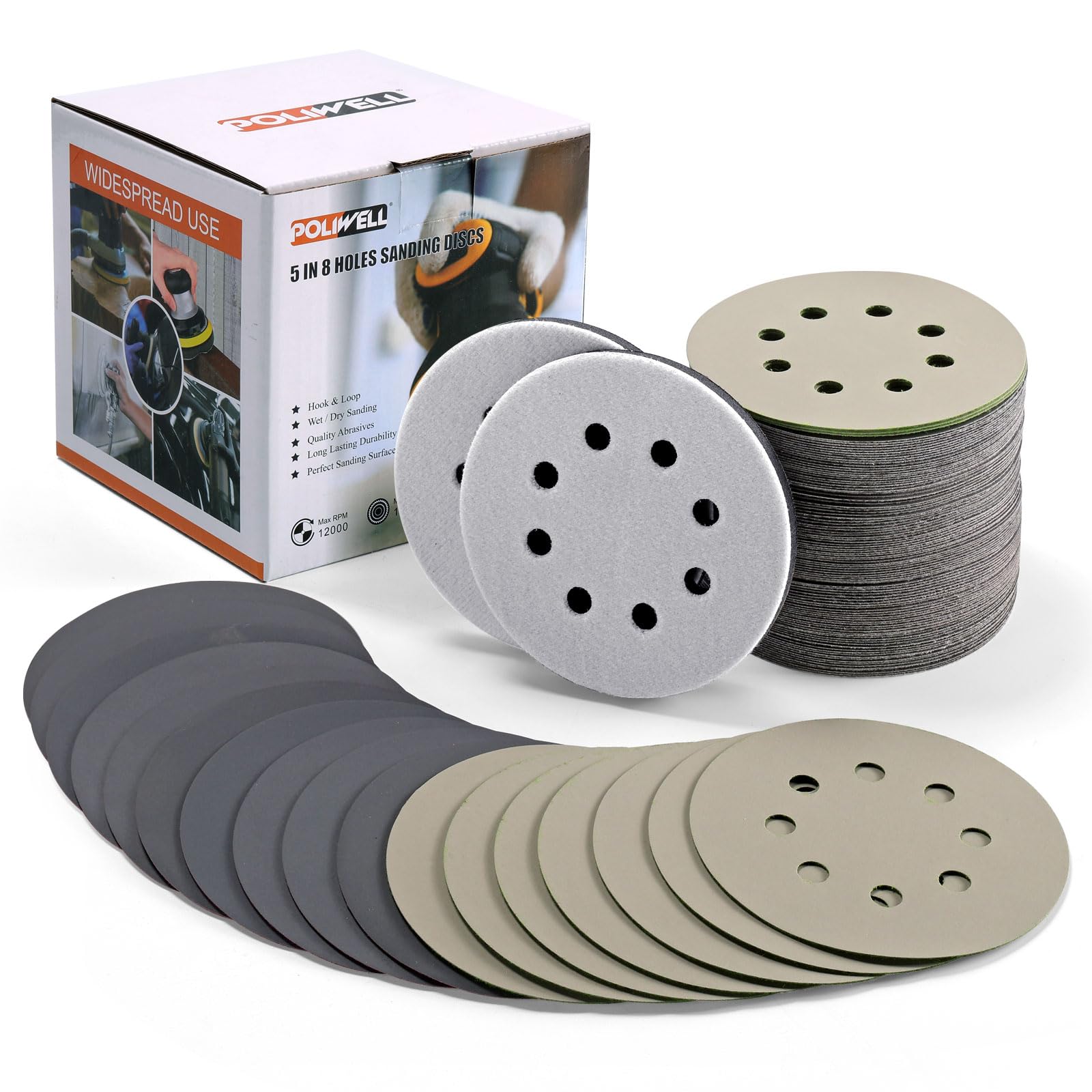 POLIWELL 120pcs 5 Inch Sanding Discs Hook & Loop 8 Holes Wet Dry 320 400 600 800 1000 2000 3000 Grit Orbital Sandpaper with 2pcs Interface Pads, Silicon Carbide Round Flocking Sandpaper