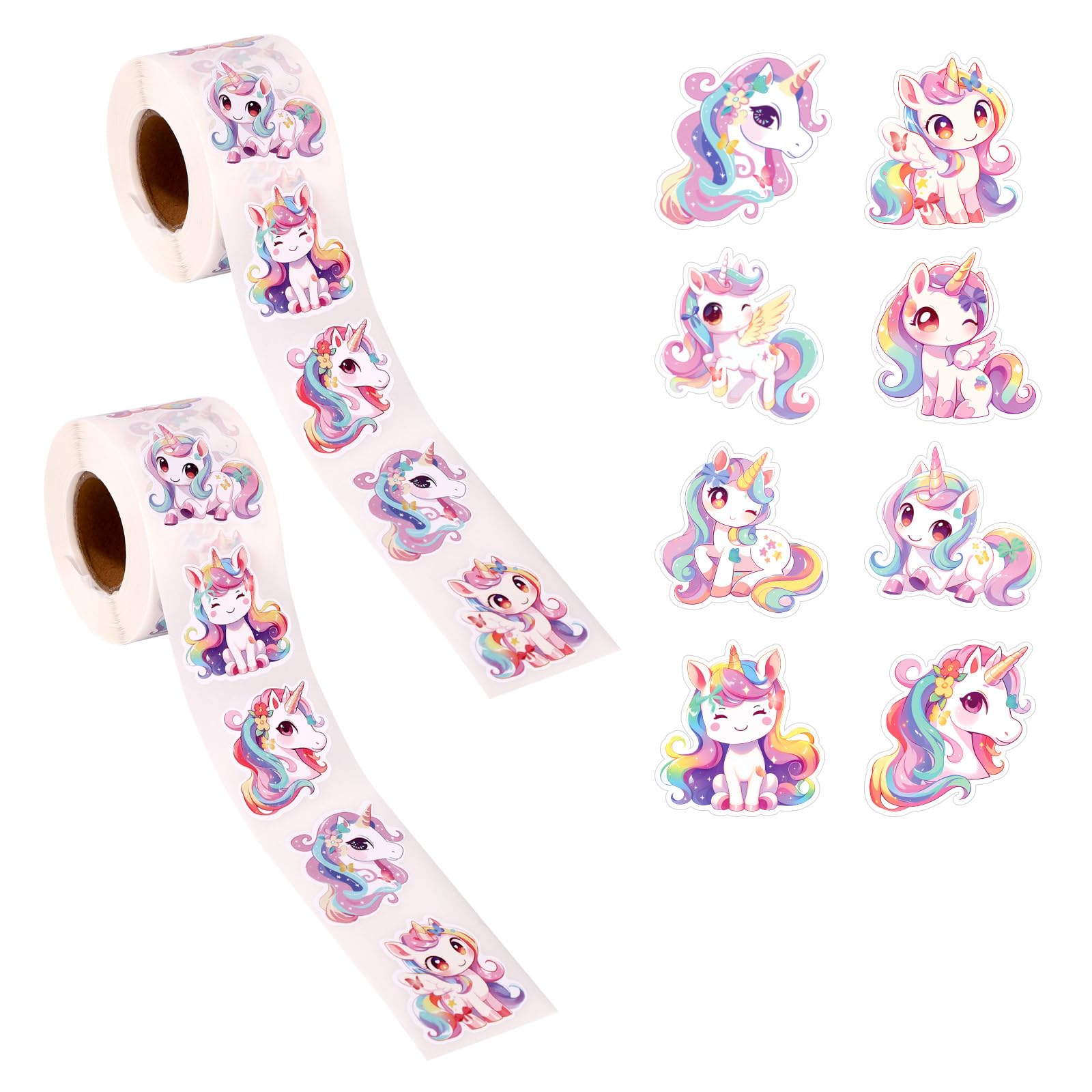 1000pcs Unicorn Stickers Roll, Cartoon Self-Adhesive Unicorn Decals for Water Bottles, 8 Designs DIY Craft Labels Scrapbook Supplies for Office Party