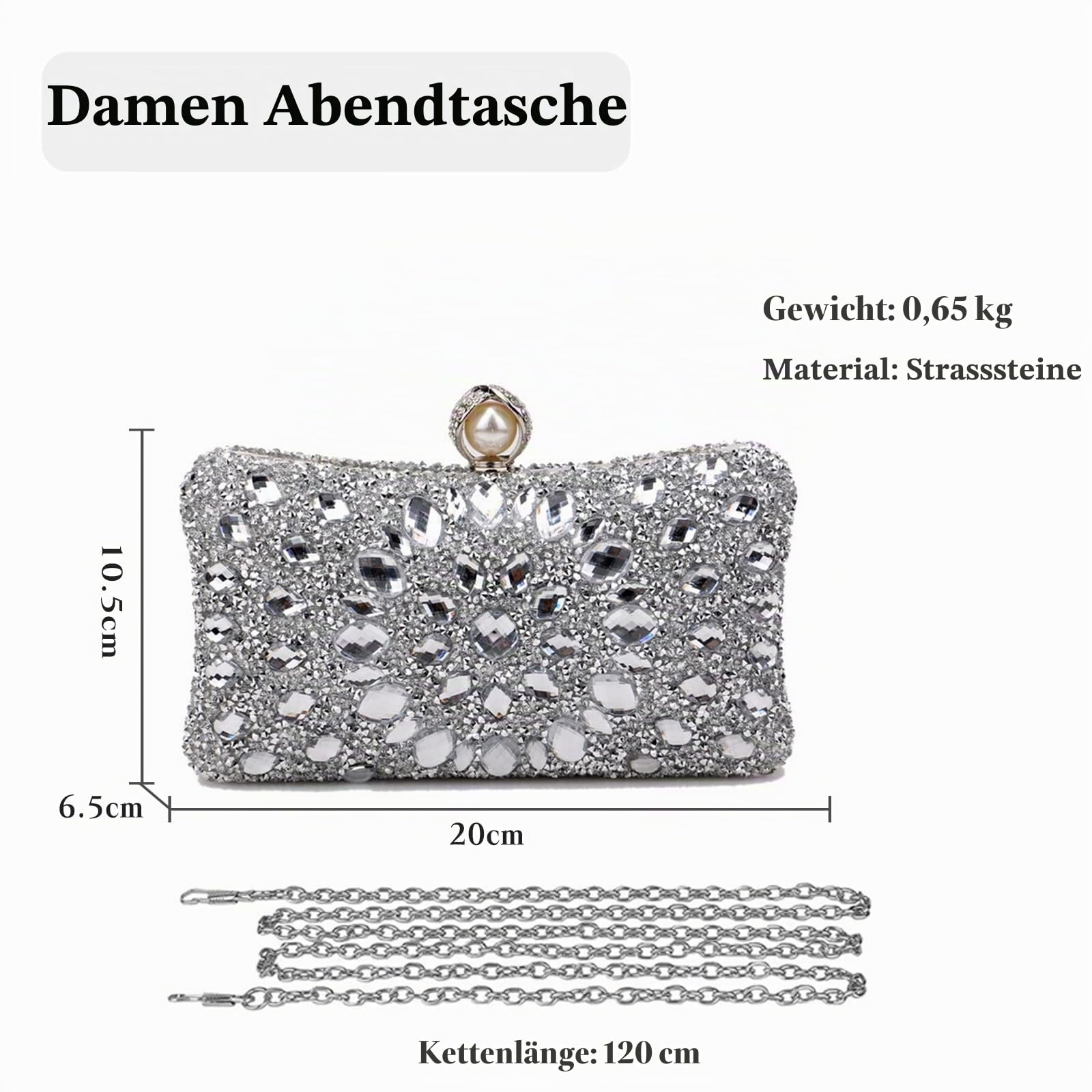 CORIOS Strass Clutch für Damen Shiny Abendtasche Diamant Clutch Tasche Kette Schultertasche Elegante Umhängetasche Klein Tasche für Hochzeit Bankett-Party Abschlussball Silber