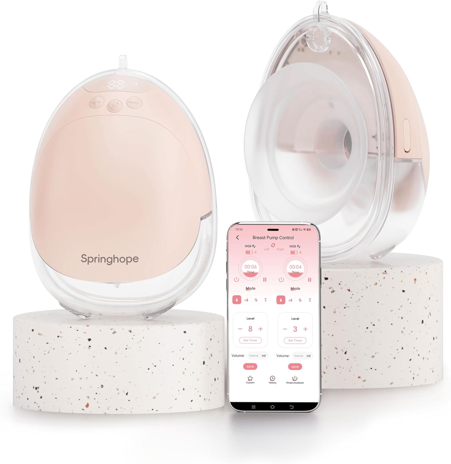 Springhope W08 Electric Breast Pump Hands-Free with 4 Modes, Smart Display APP Control, Wearable Double Breastfeeding Pump Portable, 19,21,24,28mm, 2 Pump