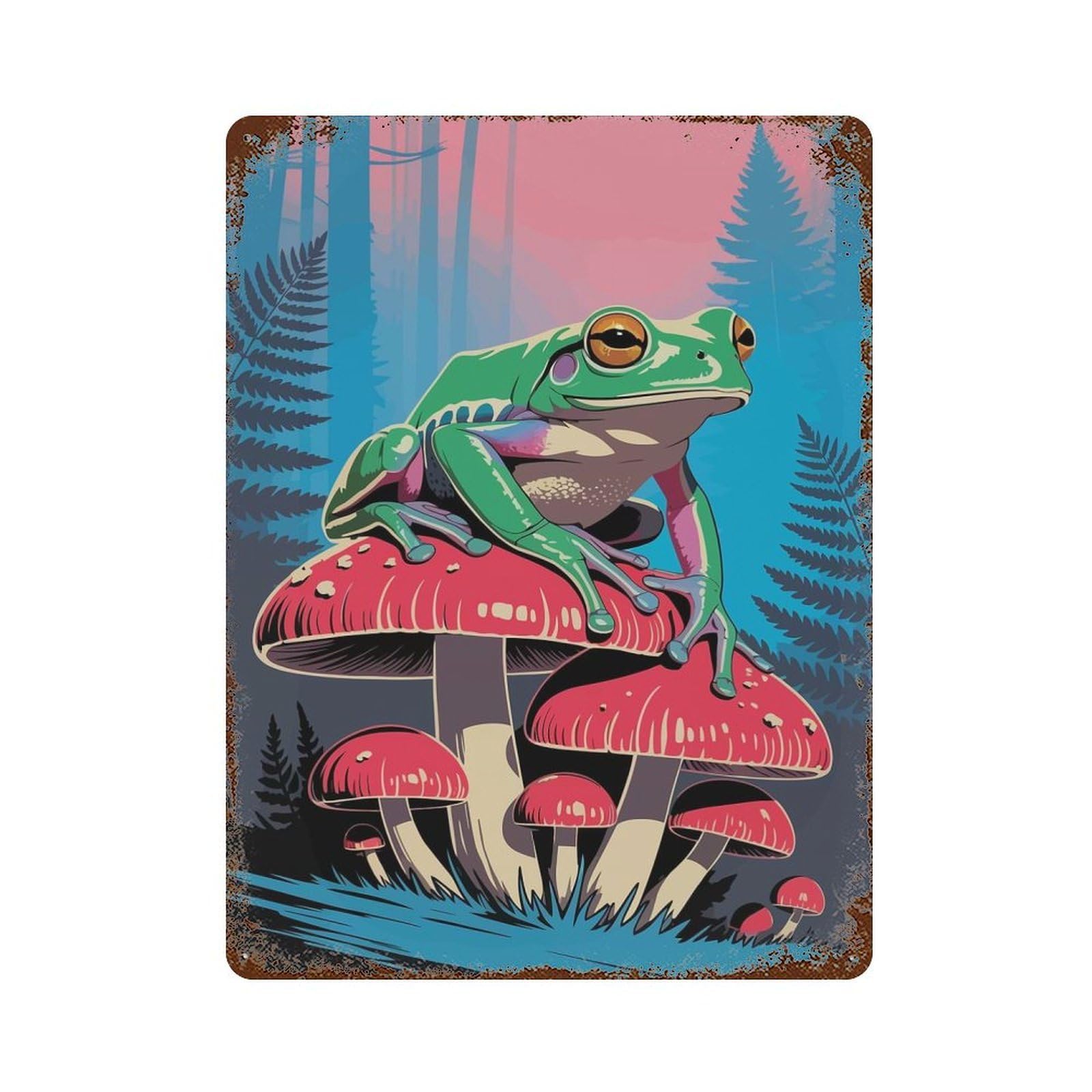 Aged Metal Wall Plaque with Frog on Mushrooms in Forest Illustration Design 15.7"x11.8", for Farmhouse, Kitchen And Entryway Decor, Retro Wall Decor