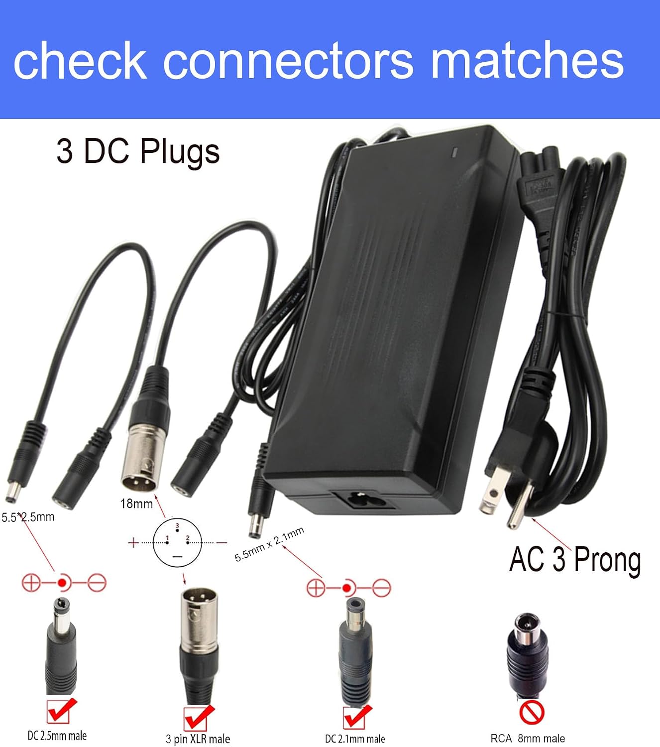 54.6V 3 amp Battery Chargers for 48V Battery Pack with 3 Pin XLR Cannon Connector DC 2.1mm 2.5mm Male Barrel Jack Plug