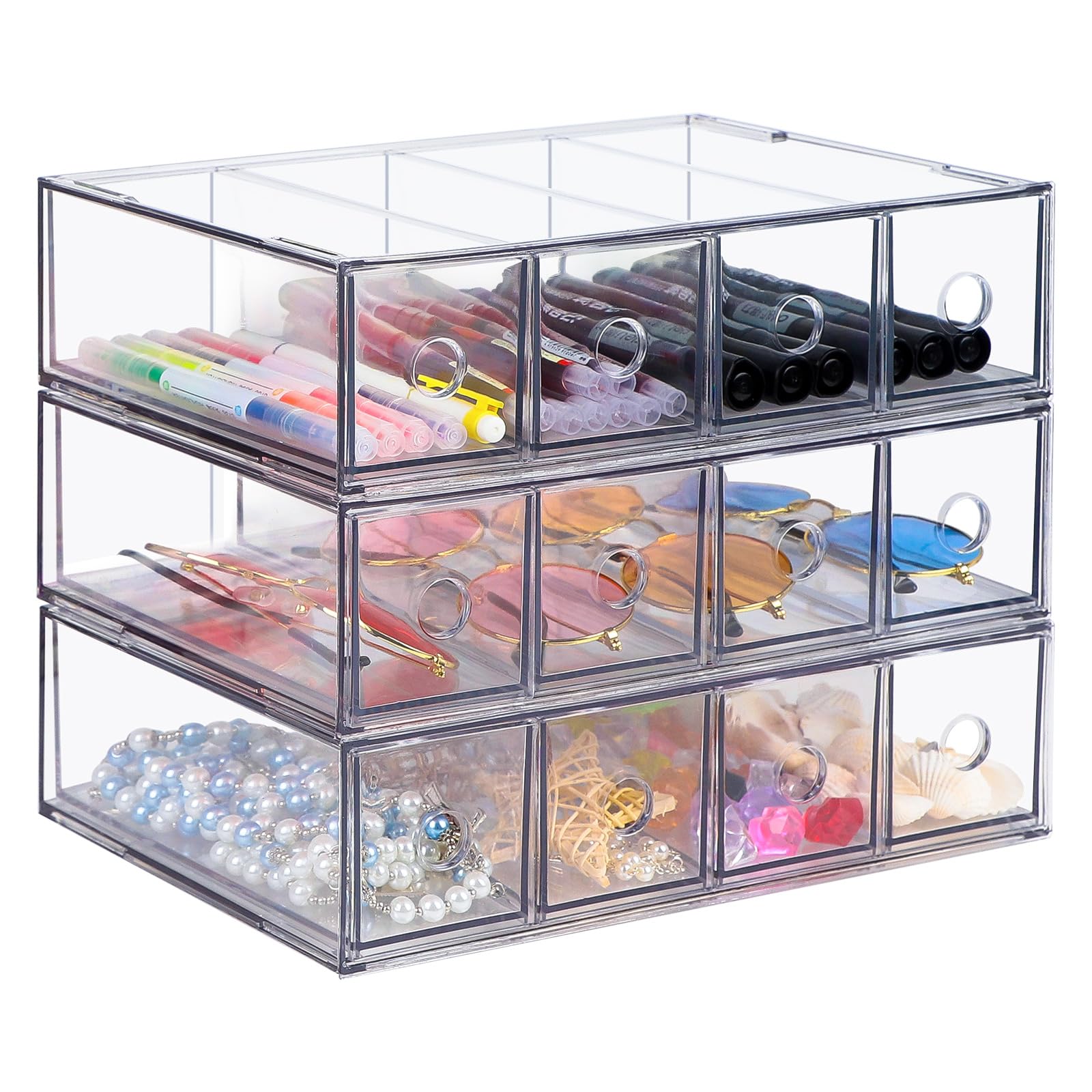 3x Schreibtisch-Organizer, Aufbewahrungsbox für Schreibwaren, Mark | Schubladenkasten mit 12 Herausnehmbarer Schublade, Schubladenorganizer Stapelbar Büro Schreibtisch Organizer Transparent-grau