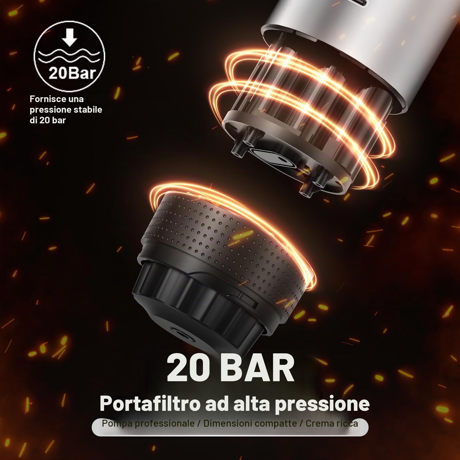 Caffettiera Portatile Riscaldamento Rapido 80ml 20 Bar (Argento) | Display Intelligente Temperatura Compatibile Cialde & Caffè Macinato, 7500mAh USB-C, Ideale per Viaggi & Ufficio