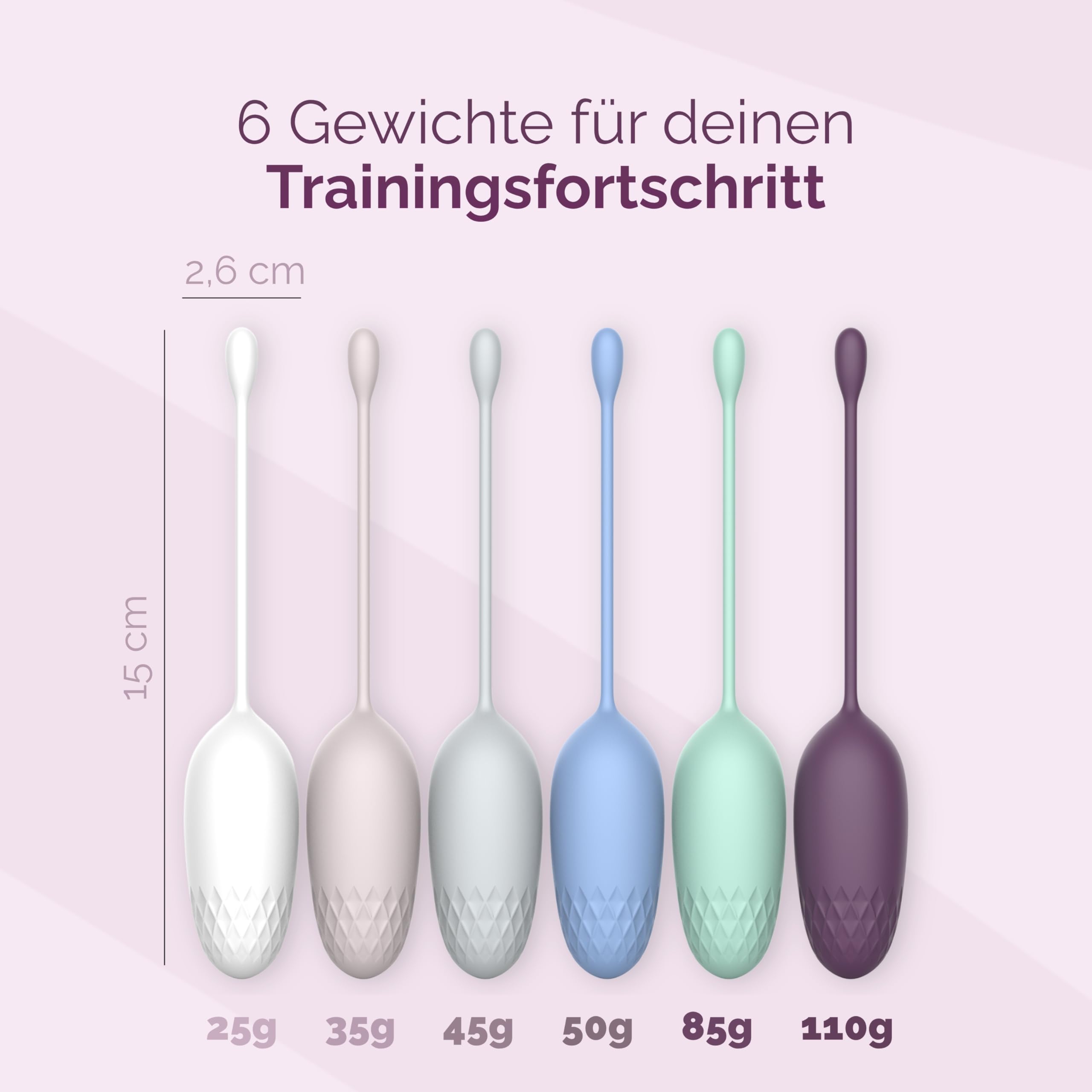 Livella | Beckenboden-Trainer mit 6 Gewichten 25-110 g, Vaginalkugeln aus Silikon mit Rückholband, abgestuftes Set für dein Training, vor und nach der Geburt, 6 Farben