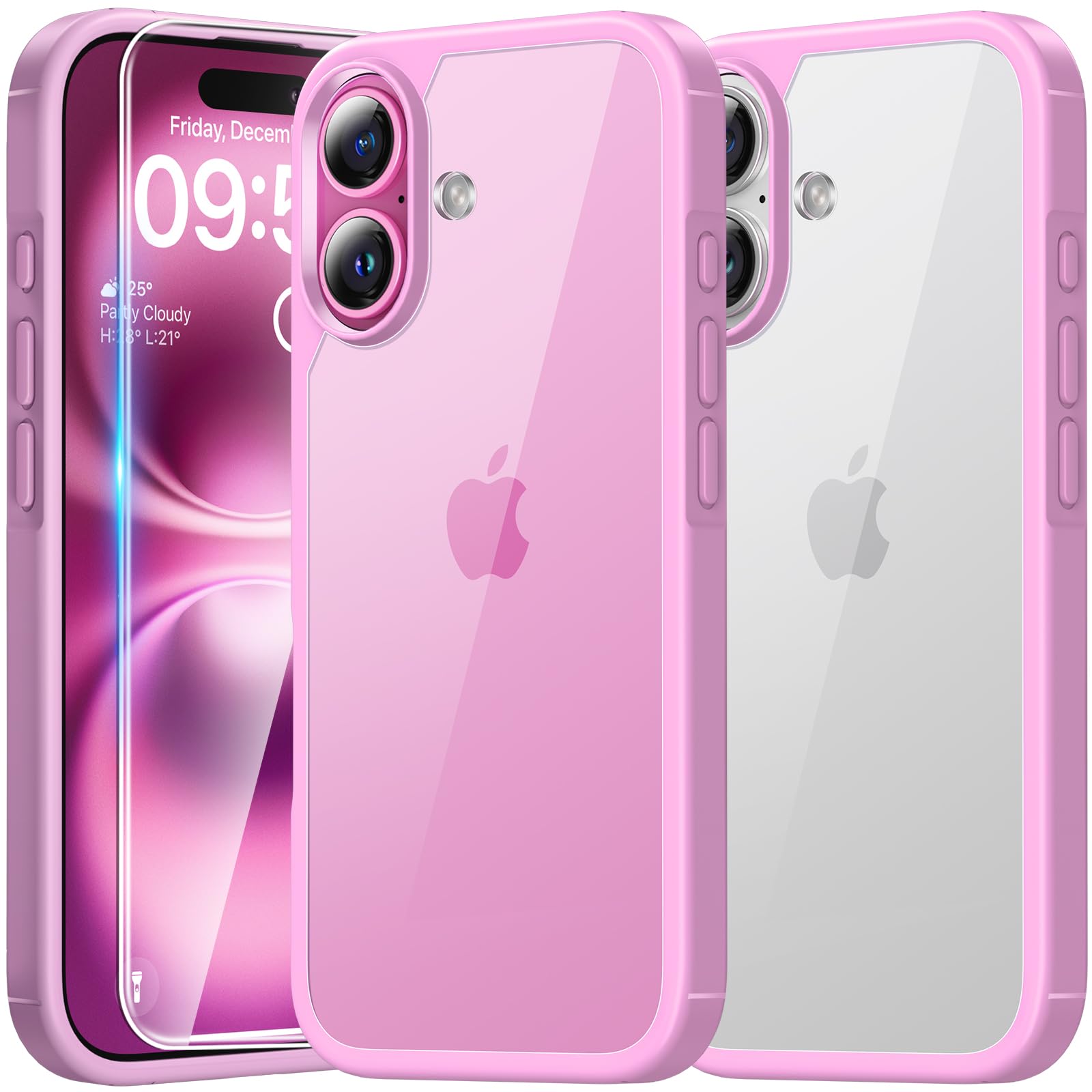 TAURI 3 in 1 Cover per iPhone 16 Plus, 1 Custodia [Anti-Giallo] + 2 Pellicole Vetro Temperato, Sottile Antishock, Anticaduta - Rosa Viola