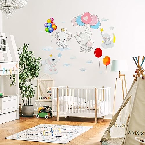 Miniatura 5 de Calcomanías de pared de elefante, lindo globo de elefante, decoración de baby shower, globo de aire caliente, cuarto de bebé, decoración del hogar