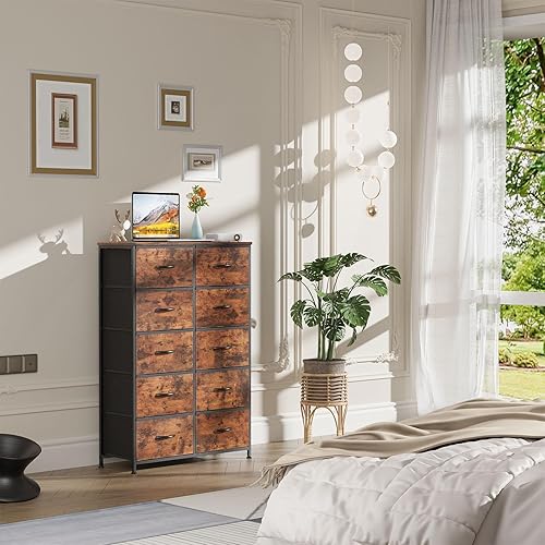 Miniatura 2 de HOUAGI Cómoda con 10 cajones para dormitorio, torre de almacenamiento de tela para dormitorio, pasillo, armario, cómoda alta y organizador de pecho