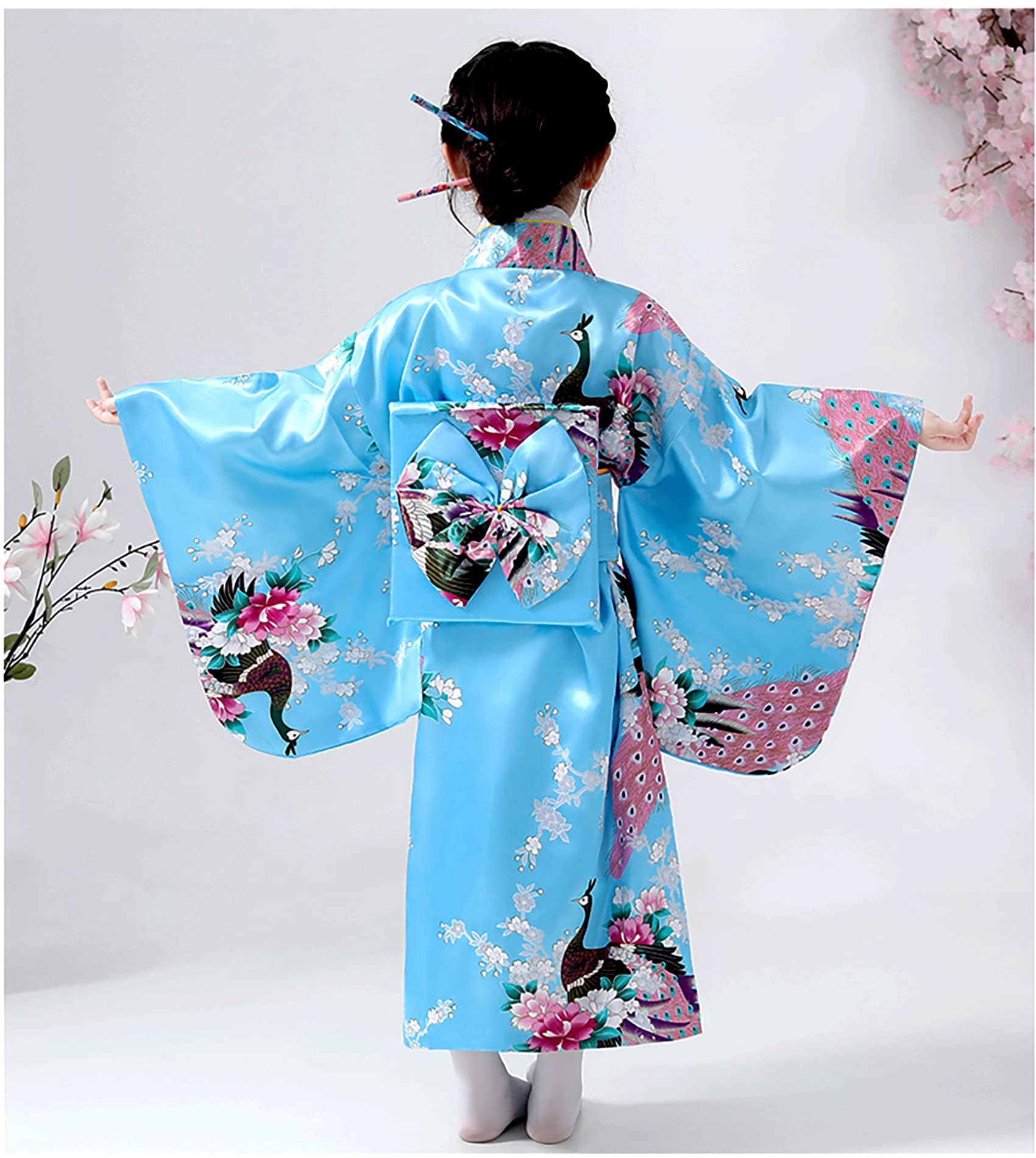 Dziecięca Yukata Vintage Japoński Styl - Dziewczyna Kimono Dzieci Sukienka Tradycyjna Odzież Jedwabna Tkanina Szlafrok Odzież Ślubna Impreza Suknia Występ