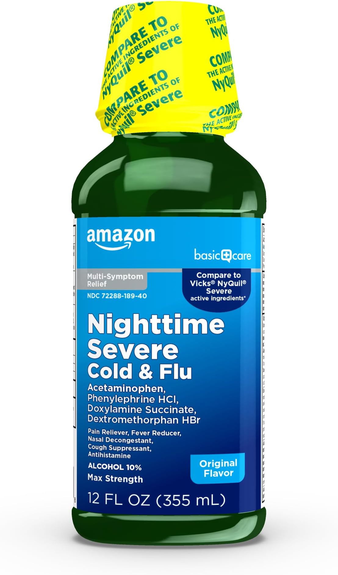Amazon Basic Care Nighttime Severe Cold and Flu Syrup, Max Strength Liquid Medicine for Cough, Sore Throat, Nasal Congestion, Pain Reliever, Fever Reducer, Original, 12 fl oz