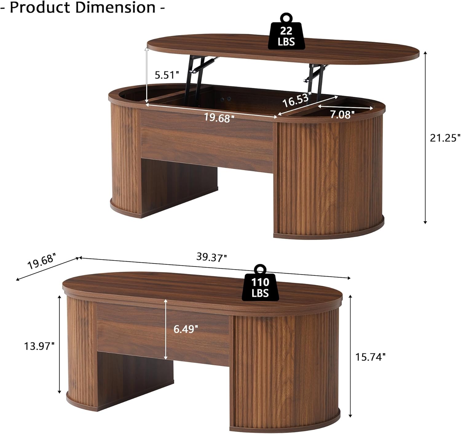 Product dimensions of the QHITTY Fluted Oval Lift-Top Coffee Table
