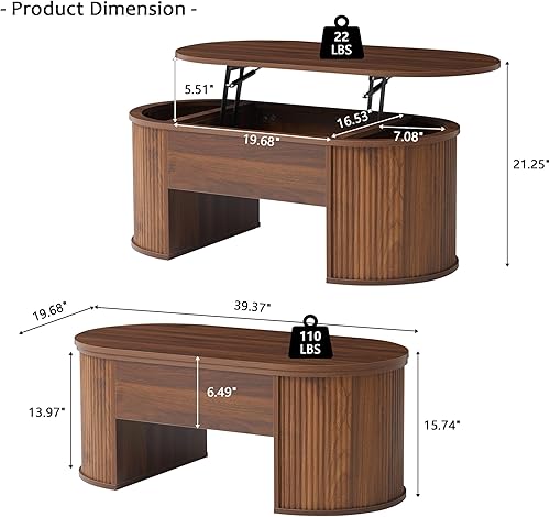 Miniatura 2 de QHITTY Mesa de centro acanalada con parte superior elevable, mesa de centro ovalada de madera con compartimento oculto, mesas centrales de mediados
