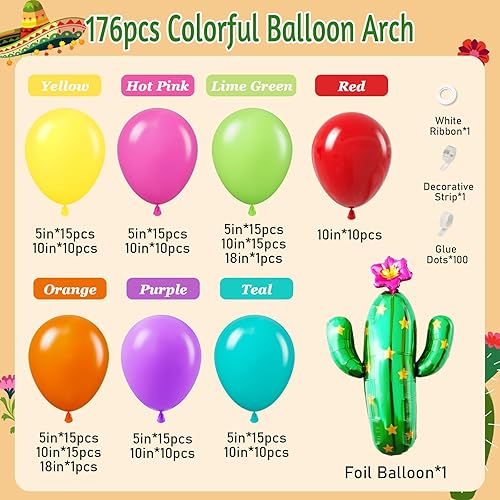 Miniatura 2 de Kit de guirnalda de globos de fiesta mexicana de 176 piezas con globos de aluminio amarillo, rosa intenso, verde lima, verde, naranja, morado, verde