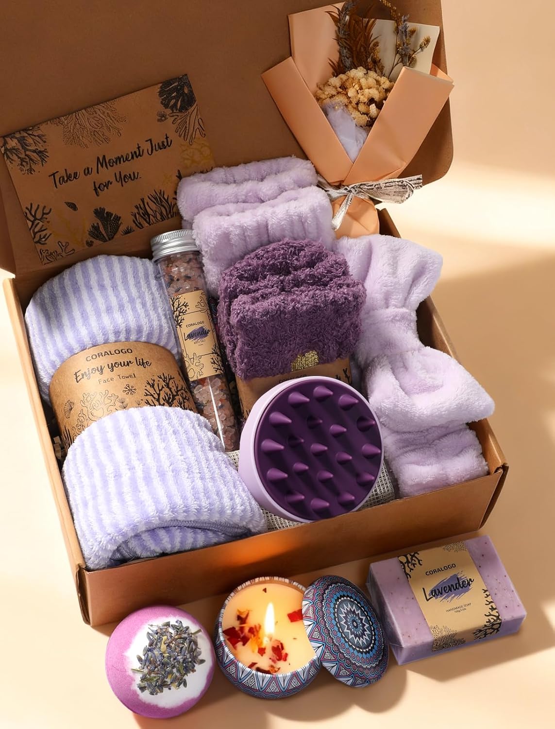 Coralogo Lavender Spa Gift Baskets - Natural Pampering Spa Set, Self-Care Get Well Soon Basket,Thank You Gifts, Unique 11pcs Gift Set for Women Wife Mom Her Birthday Valentines Day Mothers Day