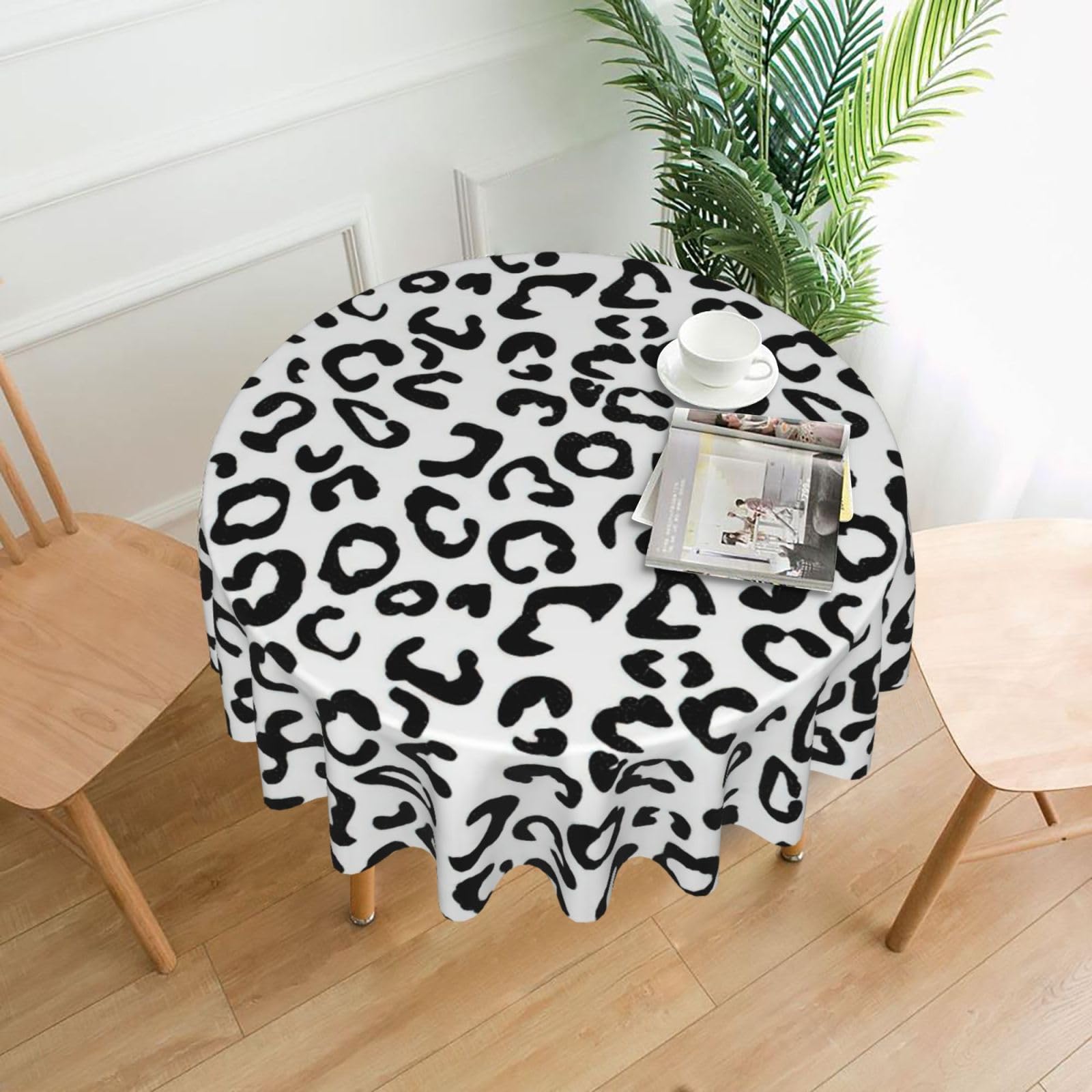 Uusnwaa Black Leopard Print Print Round Tablecloth 60 Inch, Stain Wrinkle Resistant Washable Polyester Table Cover For Kitchen Party