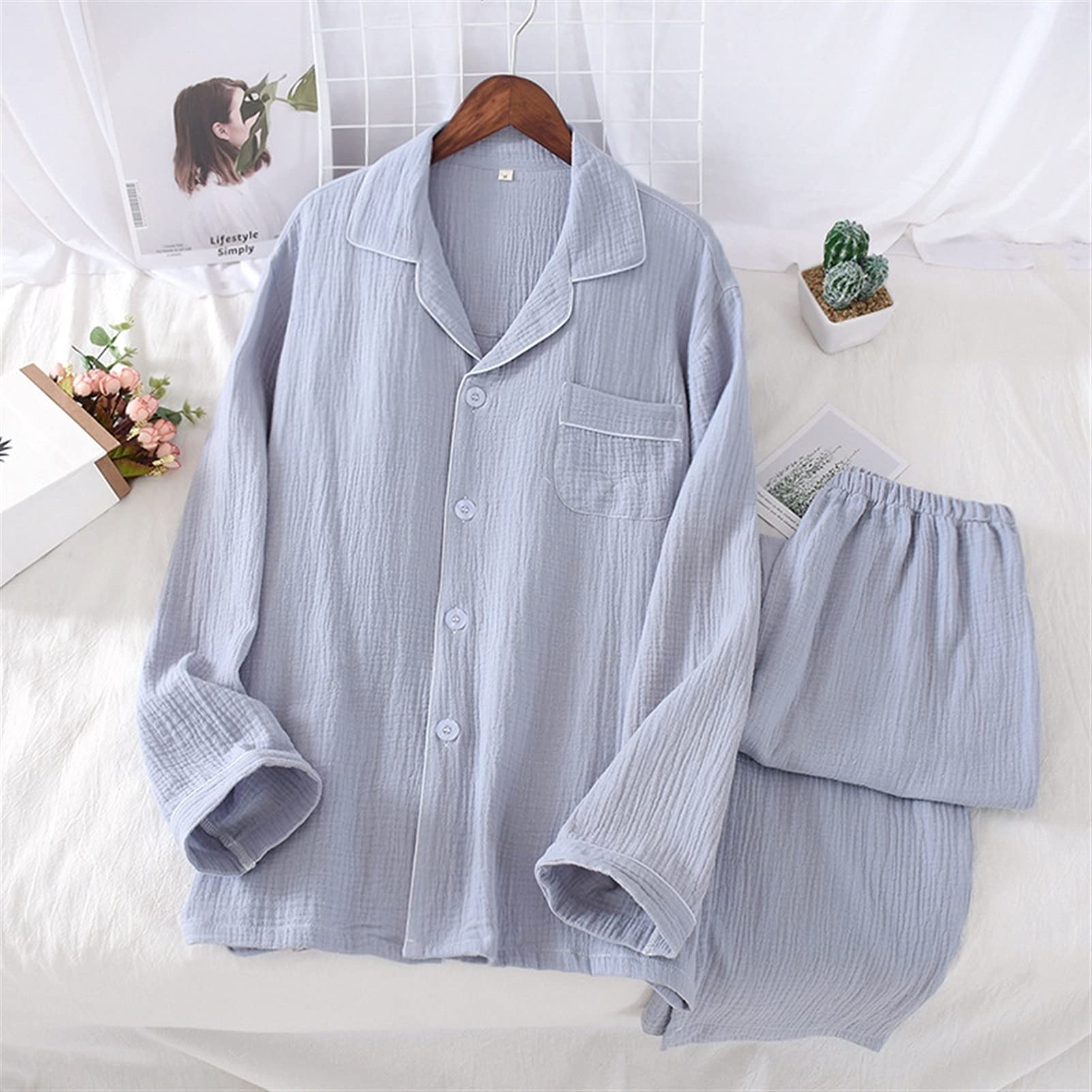 Pijama Algodón Pareja Homewear Mujeres Hombres Pijamas Conjunto Collar de Laple Botón de Manga Larga 2 Pieza Sólido Cómoda Ropa de Dormir camisón(B,L Size)