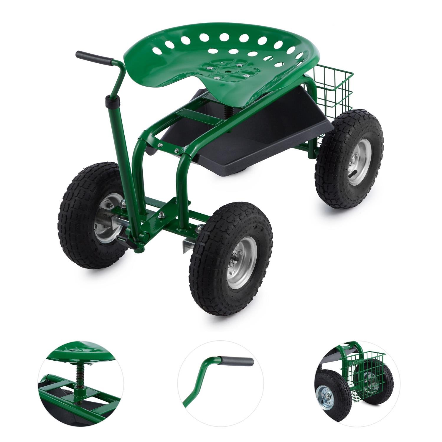 Waldbeck Park Ranger Silla de Jardín Verde (neumáticos grandes, compartimiento práctico, asiento giratorio de altura regulable, capacidad de carga hasta 130 kg)