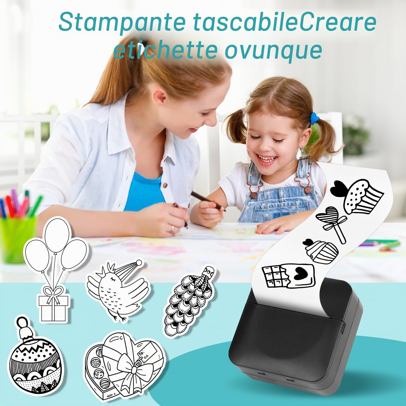 Mini Stampante Fotografica, Mini Stampante Termica,Stampante Fotografica Istantanea Portatile, Mini Stampante Termica Bluetooth con Ricarica USB Stampante, per Fotografica, Note, Diario, Elenco (Nero)