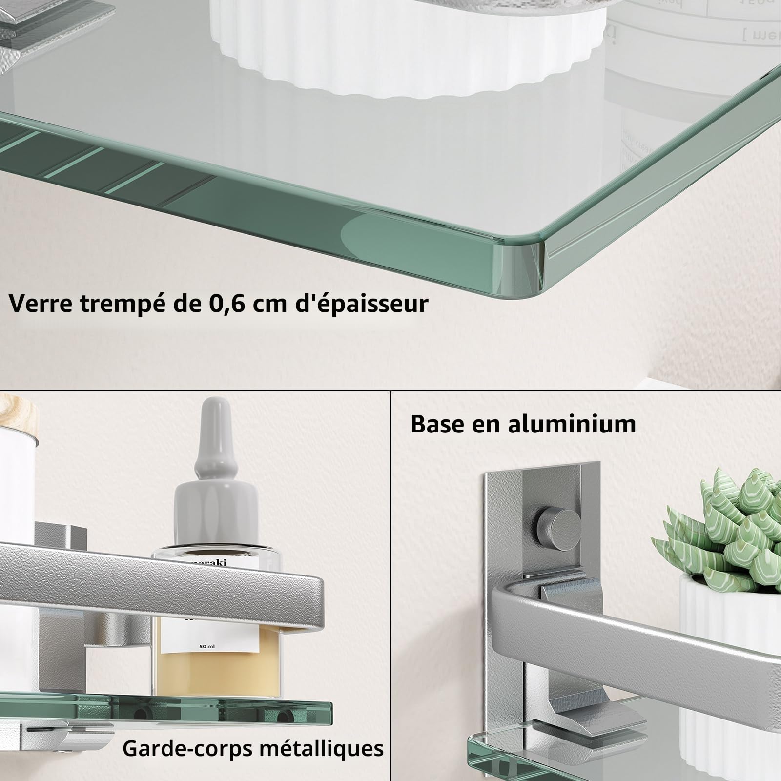 Danpoo Étagère Murale en Verre Tablette Salle de Bain,étagères murales en Verre trempé de 6 mm d'épaisseur pour Salle de Bain avec Support en Aluminium, Organiseur de shampooing, argenté