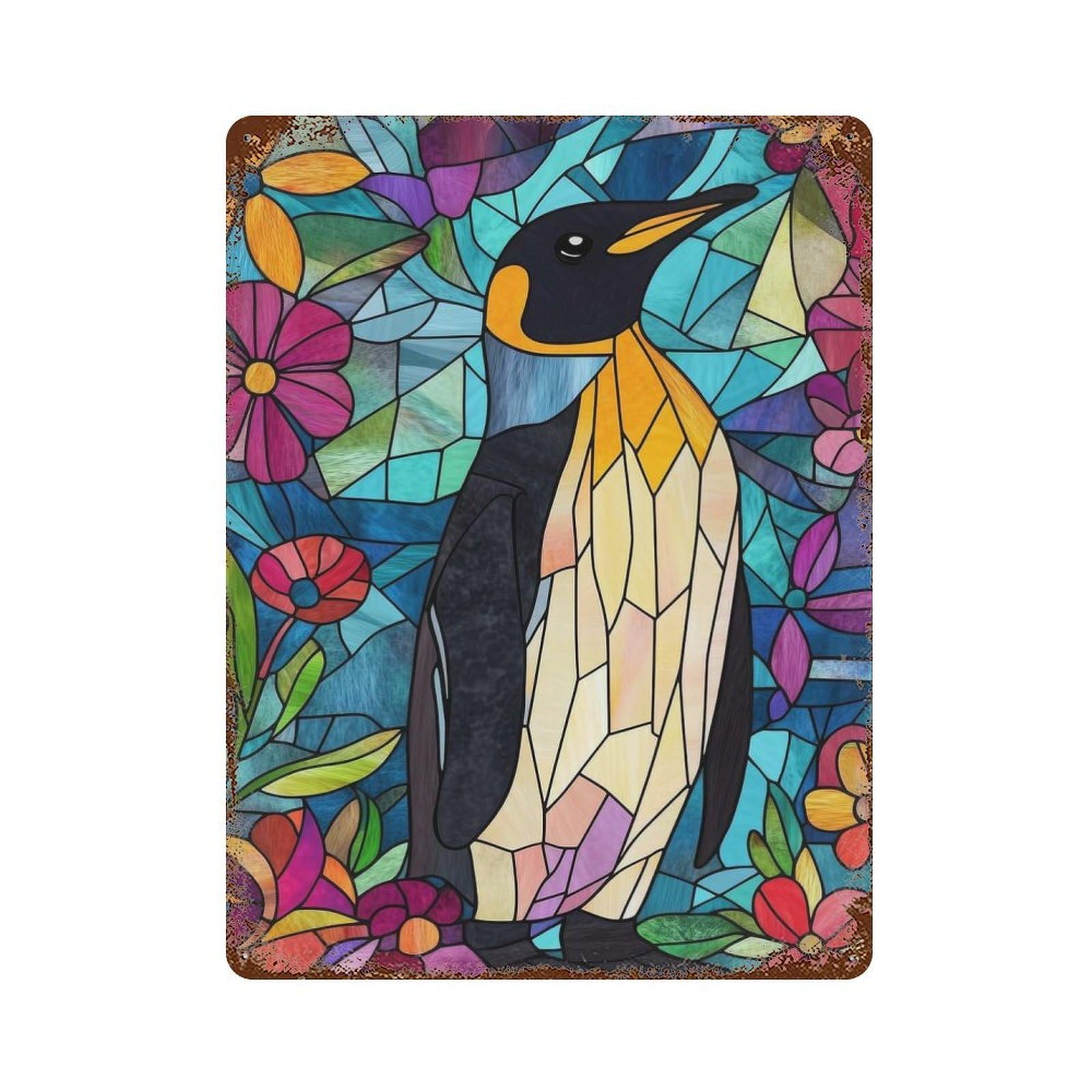 Stained Glass Penguin 15.7"x11.8" Rustic Tin Plaque, Farmhouse Wall Decor for Basement, Hobby Room And Garage Decor