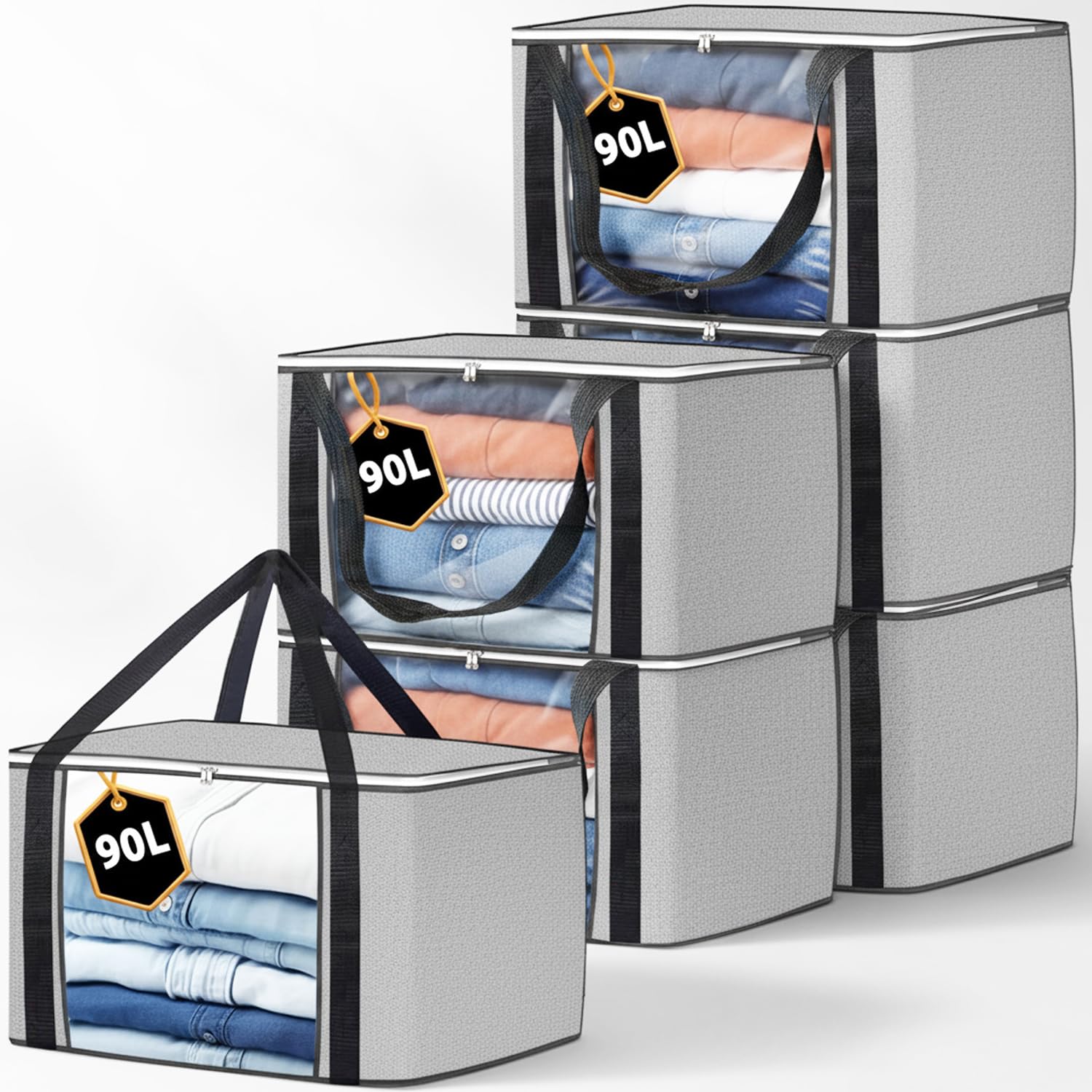 KURNI Storage Bags Clothes Organizer Foldable 6 Pack Grey, 90L Capacity, 3 Sided Zipper Storage Bag. Dust/Mites & Moisture Proof 60 x 43 x 35cm