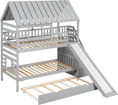 Miniatura 28 de Merax Cama de madera de tamaño completo con ventana y valla, marco de cama matrimonial para adolescentes, niños y niñas, gris